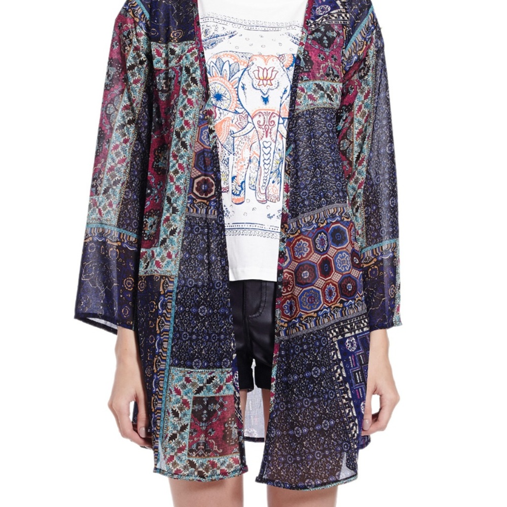 Patterned Blue and Purple Chiffon Kimono